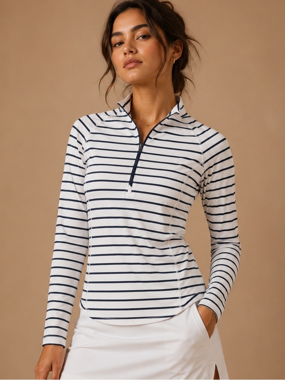 Striped Quarter-Zip Long Sleeve Top - White/Navy Size Small